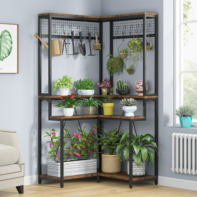 Tribesigns 4 Tier Large Corner Plant Shelves with 15 S shaped Hanging Hooks Rustic Brown Tall Plant Stand Shelf for Living Room Patio