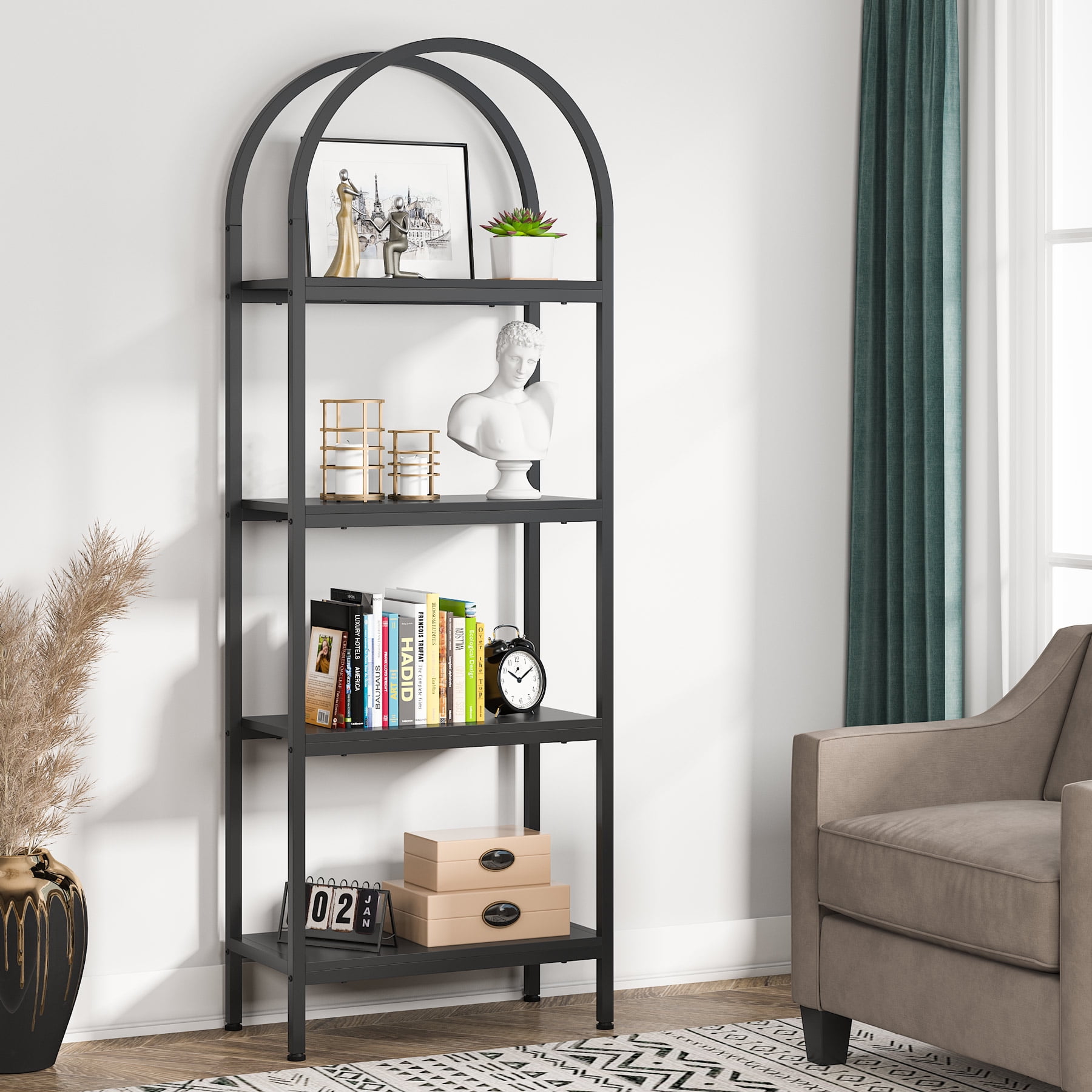 Black Metal Frame 4-Tier Wood Bookshelf for Office and Home