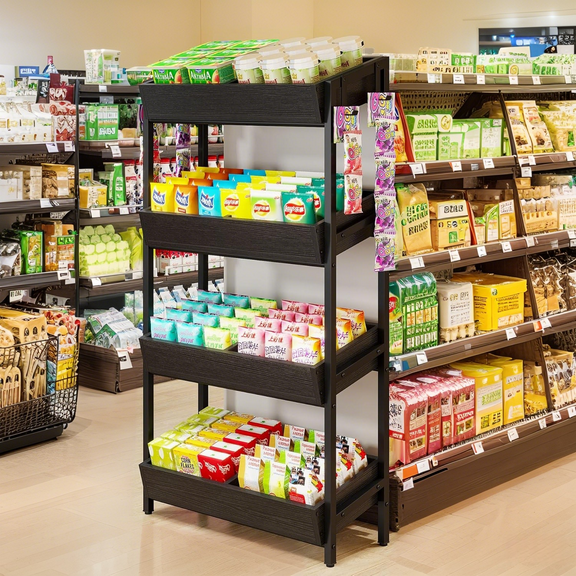 Tribesigns 4-Tier Retail Display Rack, Wooden Snack Candy Stand, Store Shelving Organizer with Heavy-Duty Metal Frame(1, Black)