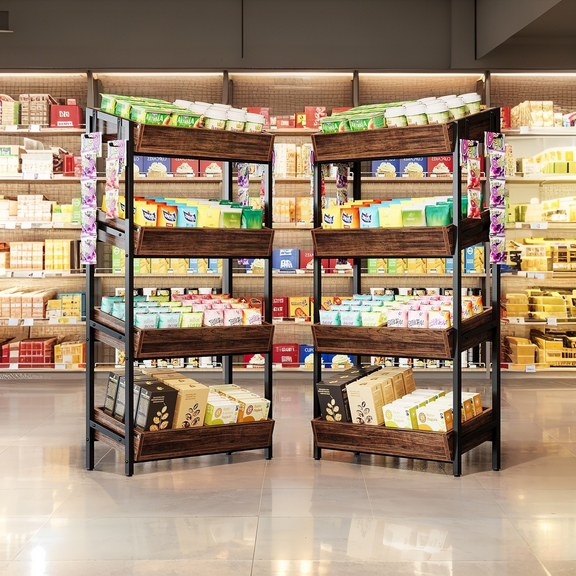 Tribesigns 4-Tier Retail Display Rack, Wooden Snack Candy Stand, Store Shelving Organizer with Heavy-Duty Metal Frame(2, Brown)