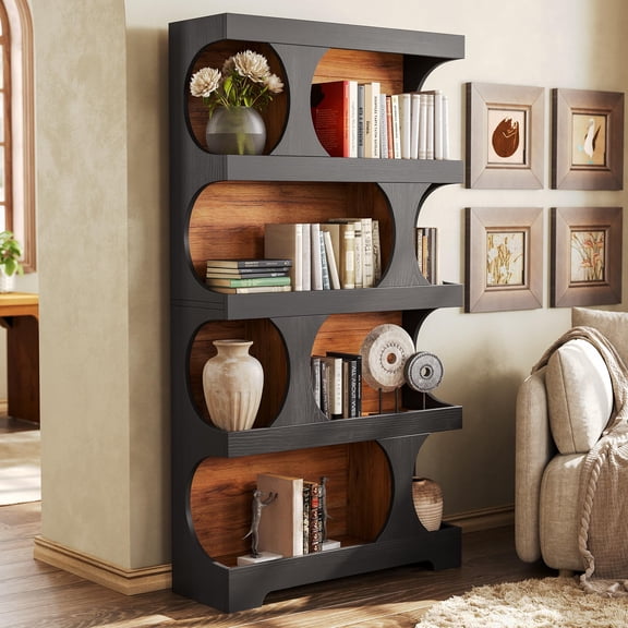 Fnova 4-Tier S-Shaped Large Bookshelf, 71.3-Inch Tall Bookcase with Storage Shelves, All Wooden Modern Display Rack for Living Room, Bedroom, Office, Black