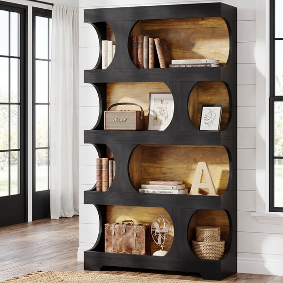 Fnova 4-Tier S-Shaped Large Bookshelf, 71.3" Tall Bookcase with Storage Shelves, Wooden Modern Display Rack for Living Room, Bedroom, Office, Black