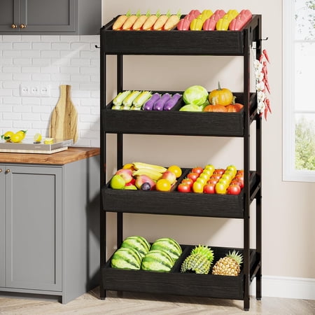 Tribesigns 4-Tier Wooden Utility Pantry Shelf Unit for Snacks, Wood Fruit and Vegetable Basket Stand Rack for Kitchen, Office, Store, Supremarket, Black