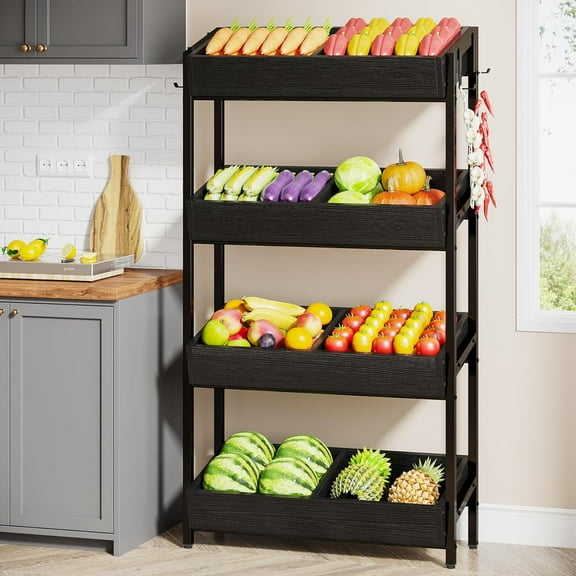 Tribesigns 4-Tier Wooden Utility Pantry Shelf Unit for Snacks, Wood Fruit and Vegetable Basket Stand Rack for Kitchen, Office, Store, Supremarket, Black