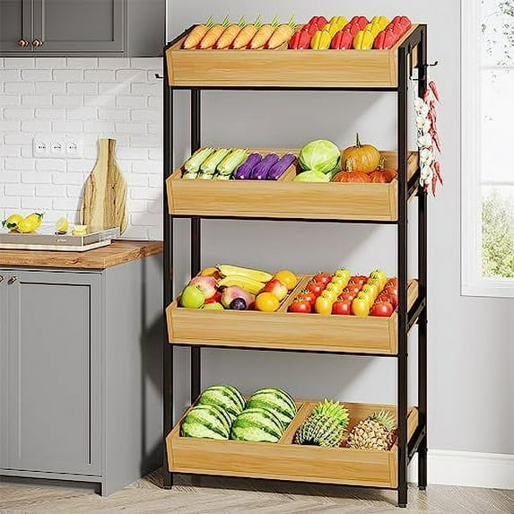 Tribesigns 4-Tier Wooden Utility Pantry Shelf Unit for Snacks, Wood Fruit and Vegetable Basket Stand Rack for Kitchen, Office, Store, Supremarket, Oak & Black