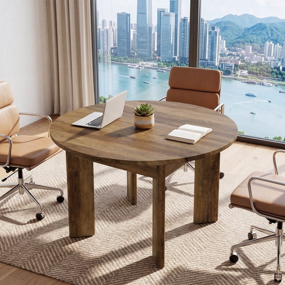 Tribesigns 40" Round Conference Table for 4, Rustic Curved Edges Thick Legs