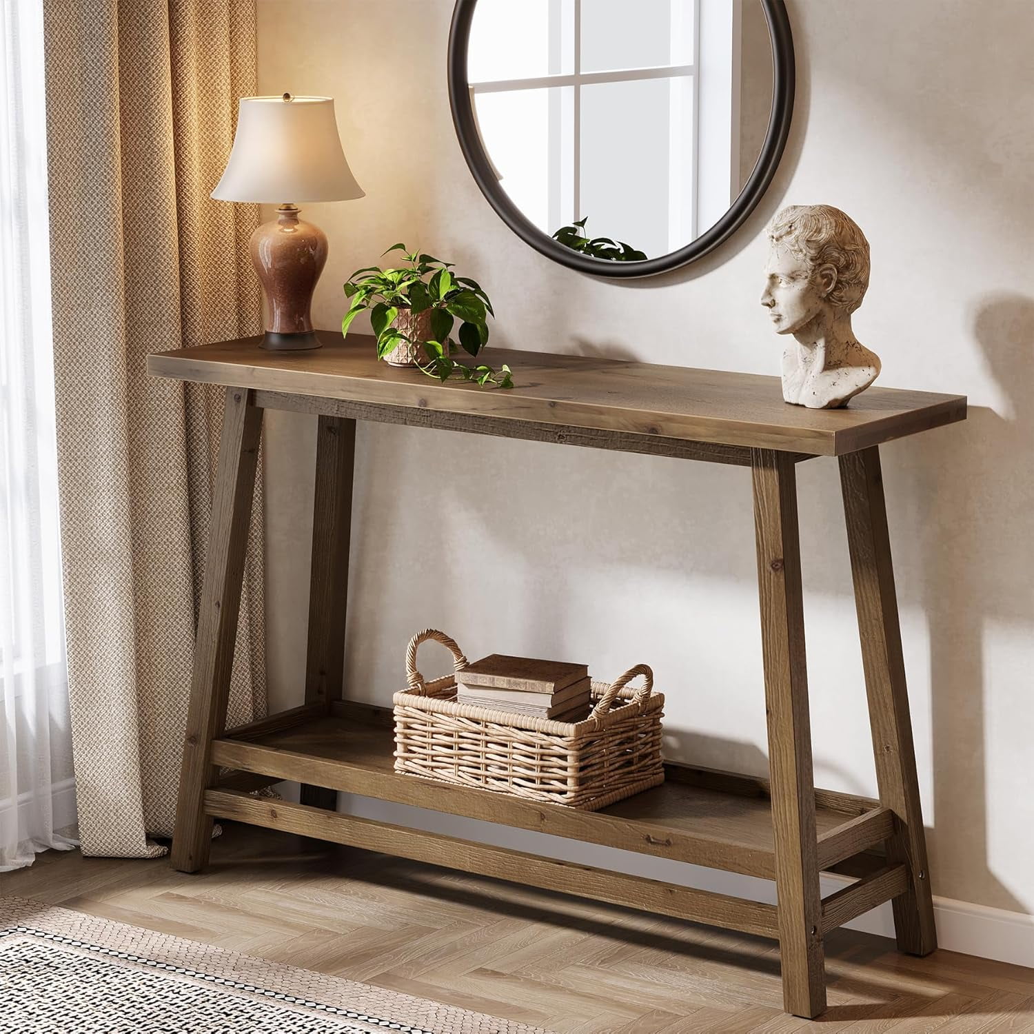Tribesigns 41.3" Farmhouse Console Table, Solid Wood Entryway Table with Storage Shelf for Living Room, Hallway, Foyer, Easy Assembly, Brown