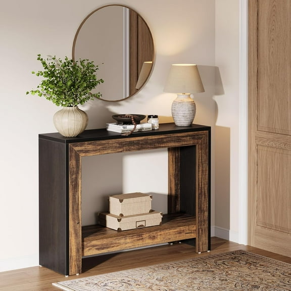 Tribesigns 41.3" Farmhouse Console Table Wood Entryway Table, Narrow Console Table with Storage Shelves for Hallway, Foyer, Black+Brown