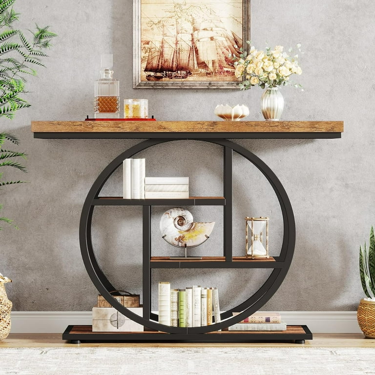 Tribesigns 41.3 Industrial 4 Tier Console Table Sofa Table with Circle Base Rustic Brown