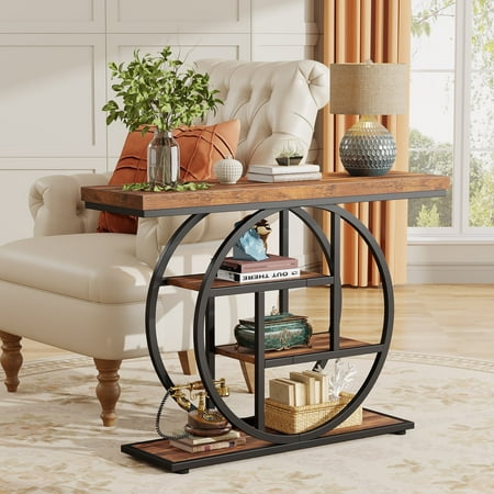 Tribesigns 41.3" Industrial 4-Tier Console Table: Sofa Table with Circle Base, Rustic Brown