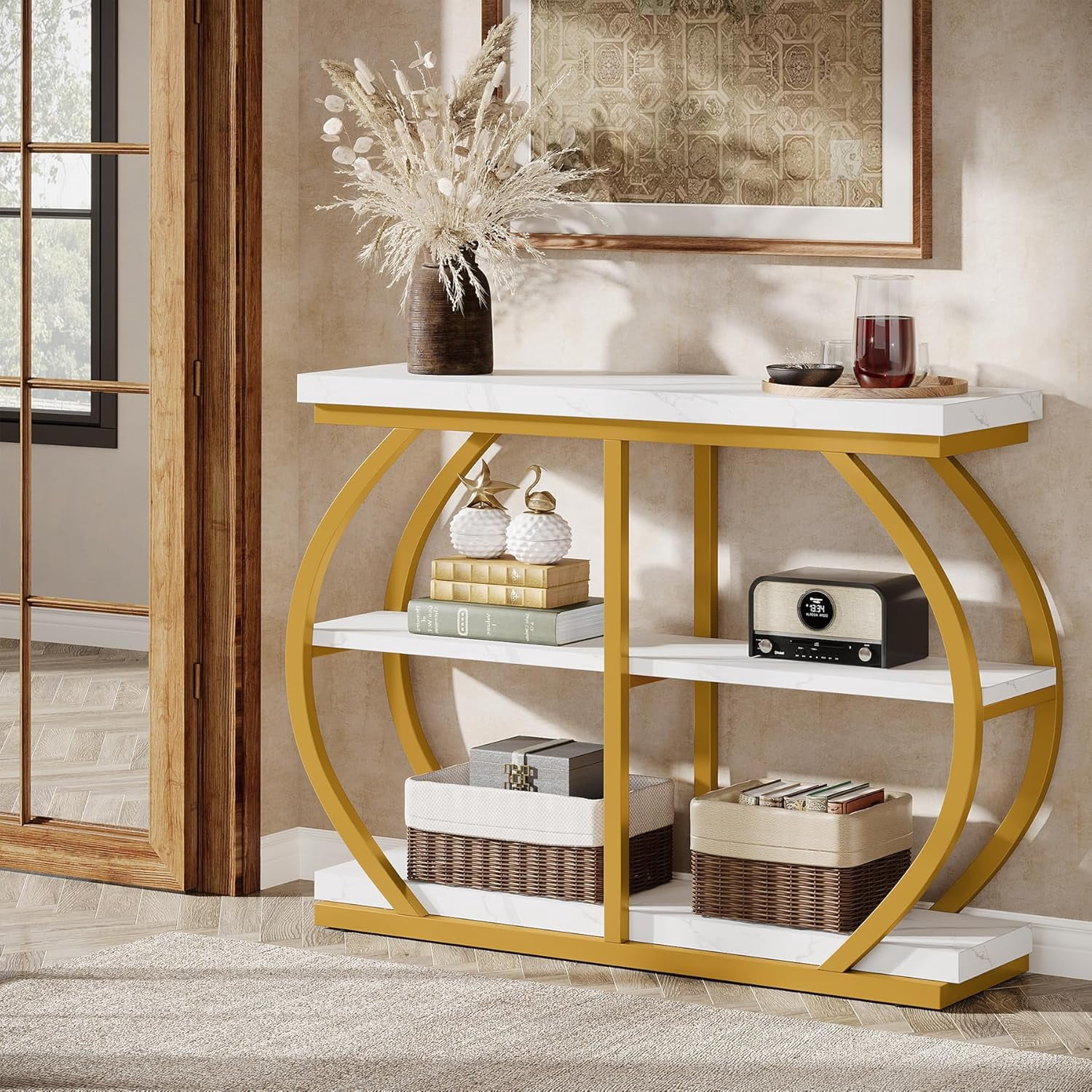 Tribesigns 41.3" Industrial Console Table: 3-Tier, Arched Metal Frame, Entryway Table with Storage Shelves, White & Gold