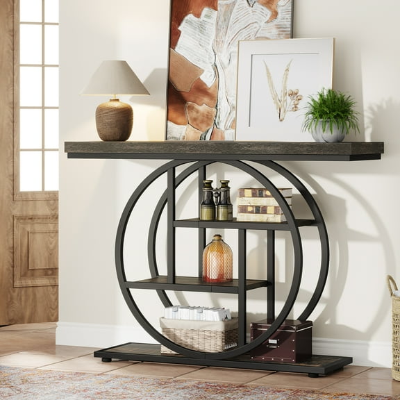 Tribesigns 41.3" Industrial Console Table, 4-Tier Sofa Table, Entryway Display Stand with Circular Base, Narrow Wood and Metal Storage Shelves for Living or Dining Room, Hallway, Dark Grey & Black