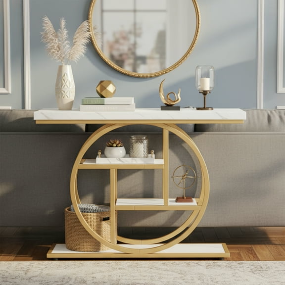 Tribesigns 41.3" Industrial Console Table, 4-Tier Sofa Table, Entryway Display Stand with Circular Base, Narrow Wood and Metal Storage Shelves for Living or Dining Room, Hallway, White & Gold