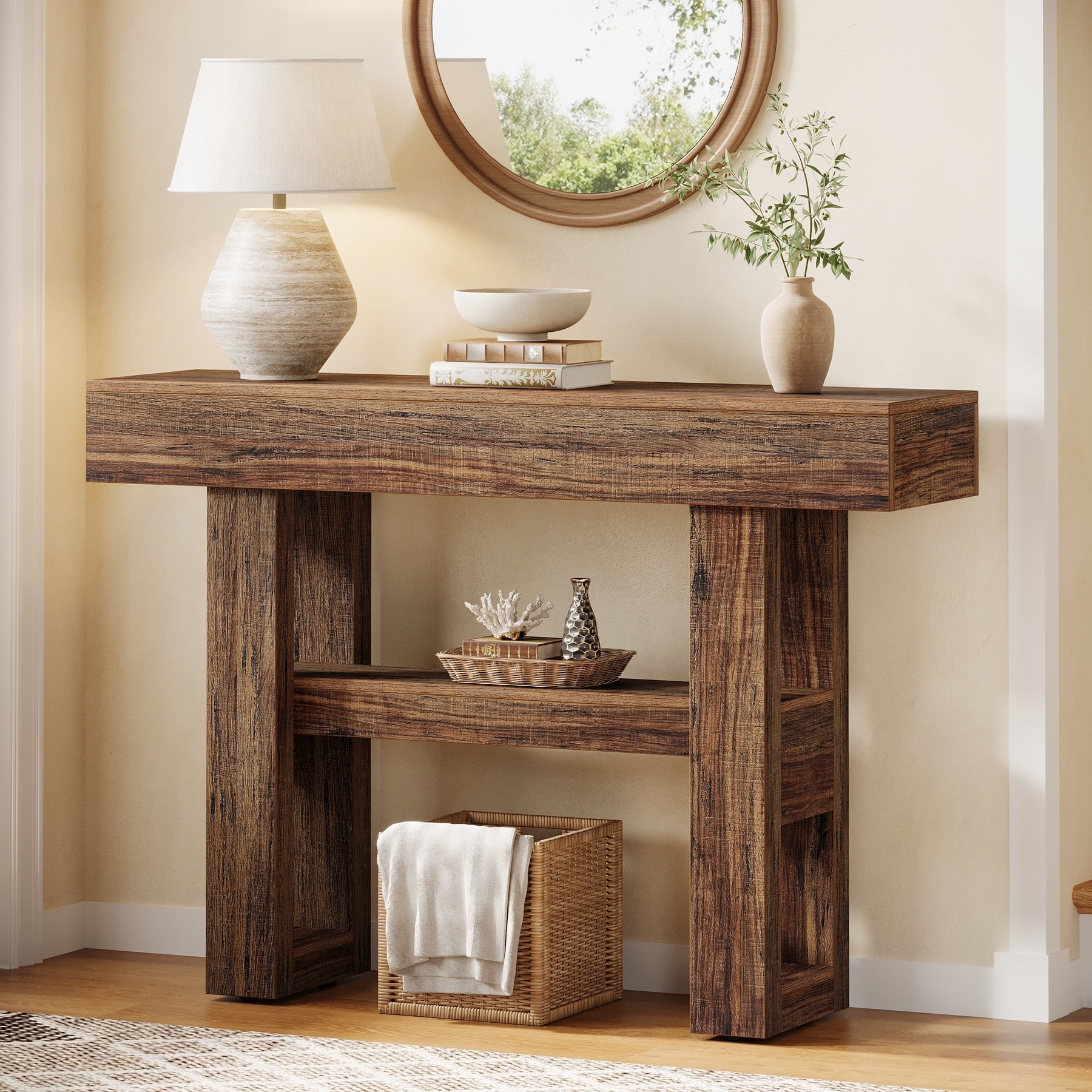 Tribesigns 41.34-Inch Farmhouse Console Table, 2-Tier Narrow Sofa Table Behind the Couch, Entryway Furniture with Storage Shelves for Living Room, Hallway, Foyer, Rustic Brown