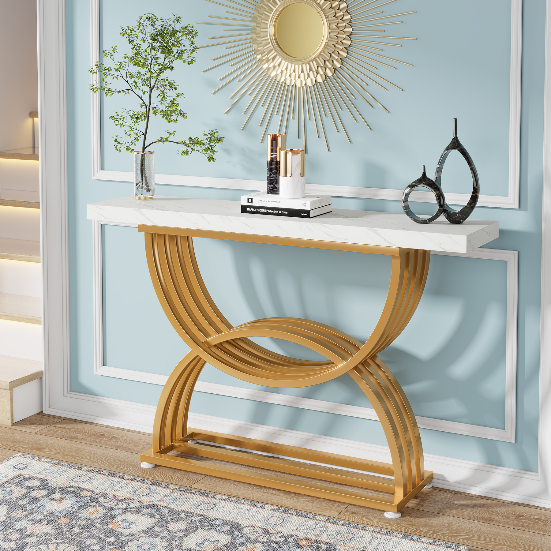 Tribesigns 41 Inch Console Table, Gold Entryway Table Faux Marble Sofa