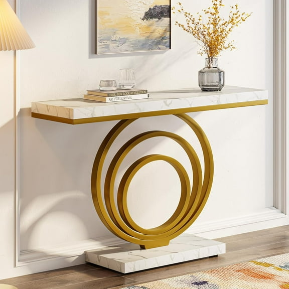 Tribesigns 41-Inch Golden Entryway Table, Modern Console Table with Round Base for Living Room, Hallway, Entrance, Faux Marble Veener Top