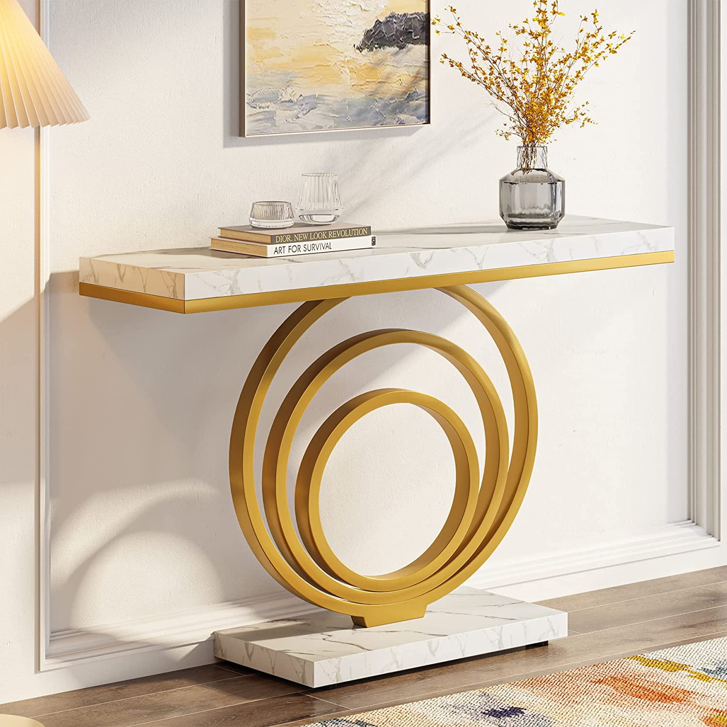 Tribesigns 41 Inch White Console Table with Gold Ring Base, Modern