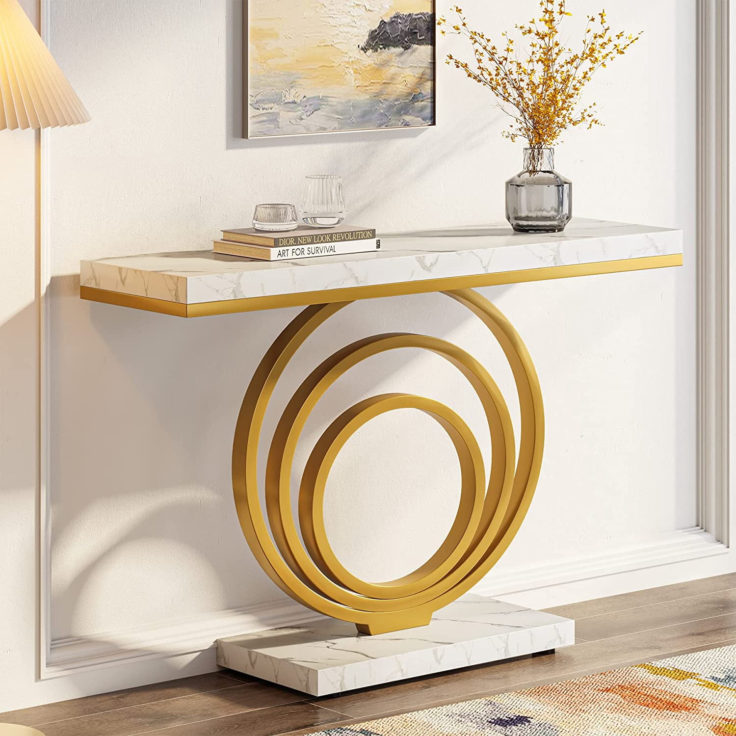 Tribesigns 41 Inch White Console Table with Gold Ring Base, Modern Entryway Sofa Table Narrow Long, Geometric Contemporary Accent Table for Living Room, Entryway, Hallway, Entrance, Faux Marble White