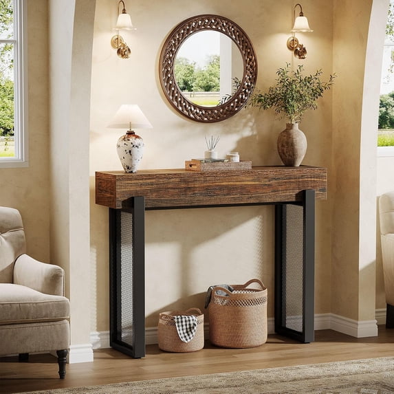 Tribesigns 41" Wood Console Table with Storage, Industrial Small Entryway Table with Mesh Metal Legs