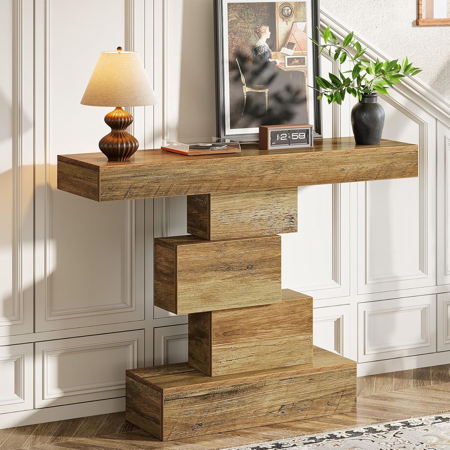 Finmind 42.5" Farmhouse Console Table, Wood Sofa Table for Living Room, Light Brown