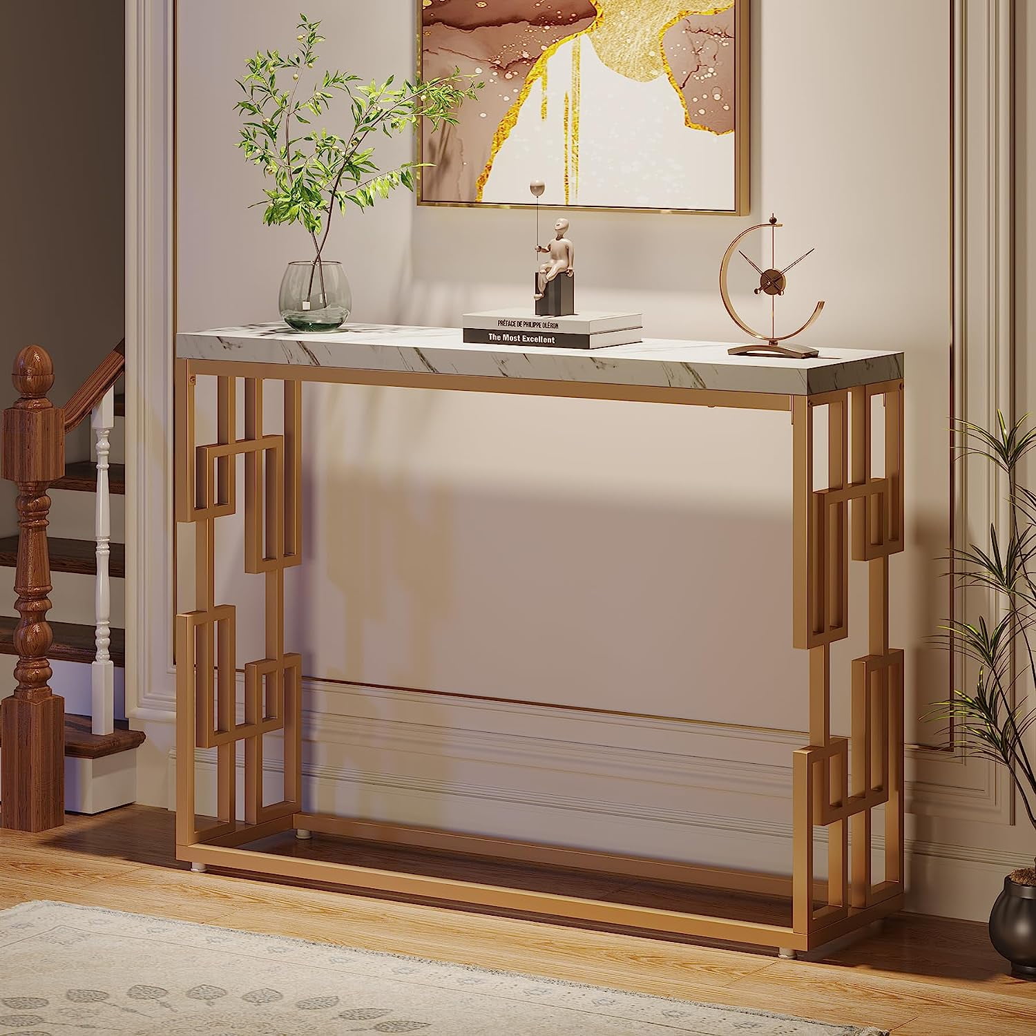 Modern Gold Console Table with White Faux Marble Top