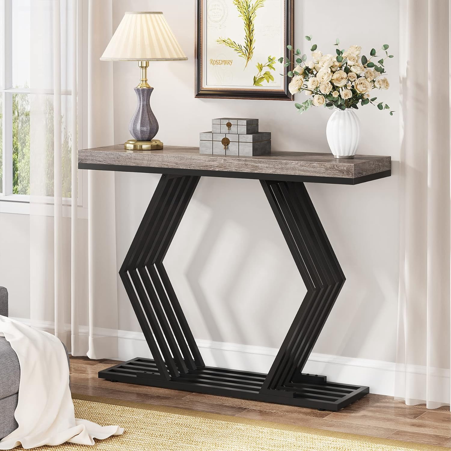 Tribesigns 42 inches Grey entryway Table with Geometric Metal Base, Farmhouse Wood ConsoleTable ...