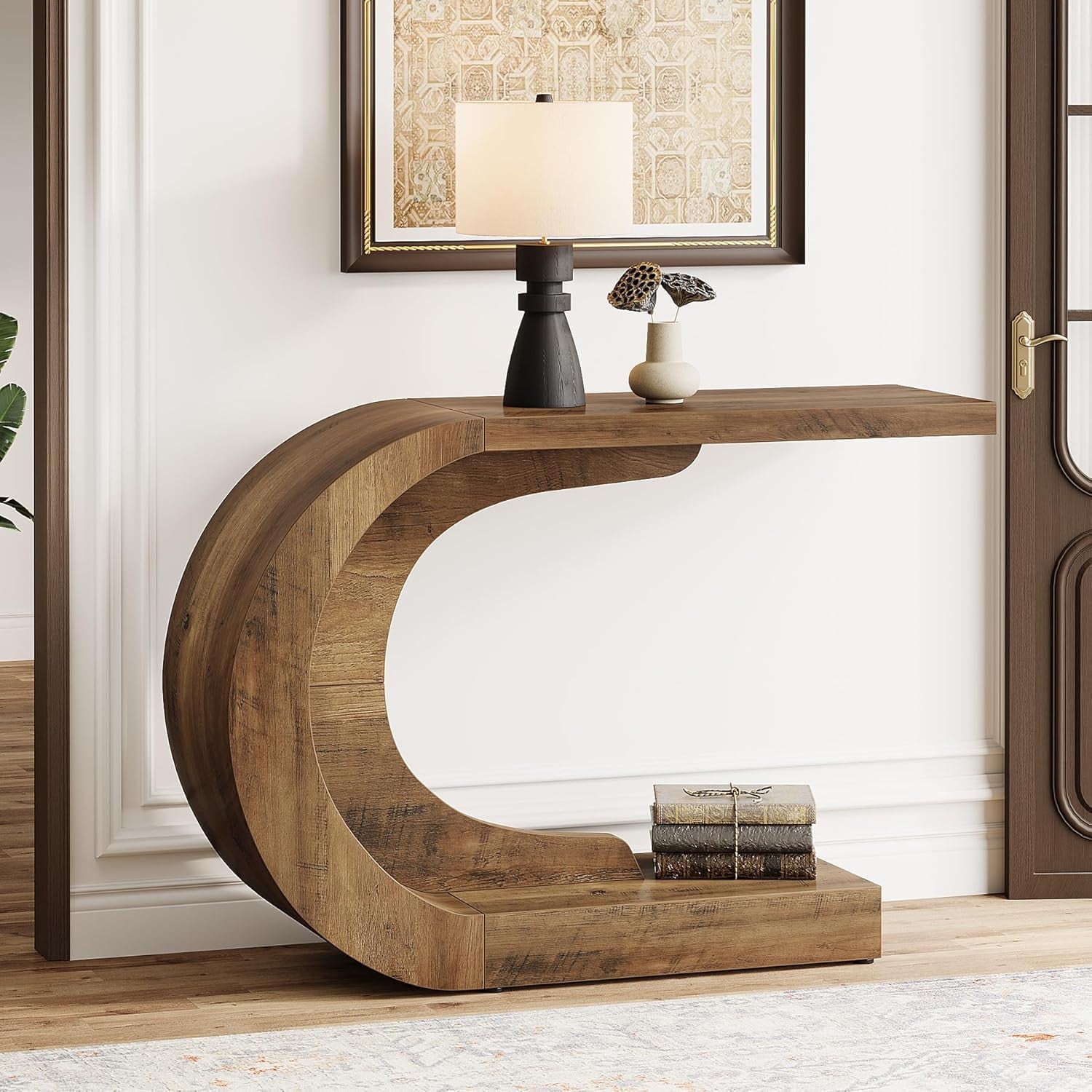 Tribesigns 43.3" C-Shaped Console Table, Mid-Century Modern Wood Entryway Hallway Table, Compact Heavy-Duty Accent Table for Living Room, Entrance, Foyer, Vintage Brown