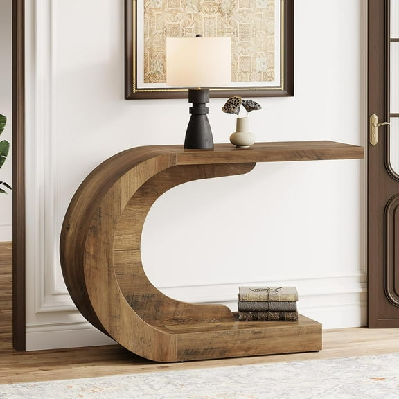 Tribesigns 43.3" C-Shaped Console Table, Mid-Century Modern Wood Entryway Hallway Table for Hall, Living Room, Entrance, Foyer, Vintage Brown