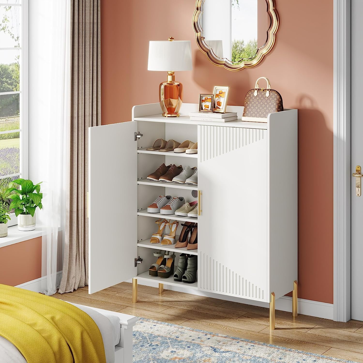 White and Gold 6-Tier Shoe Storage Cabinet with Adjustable Shelves