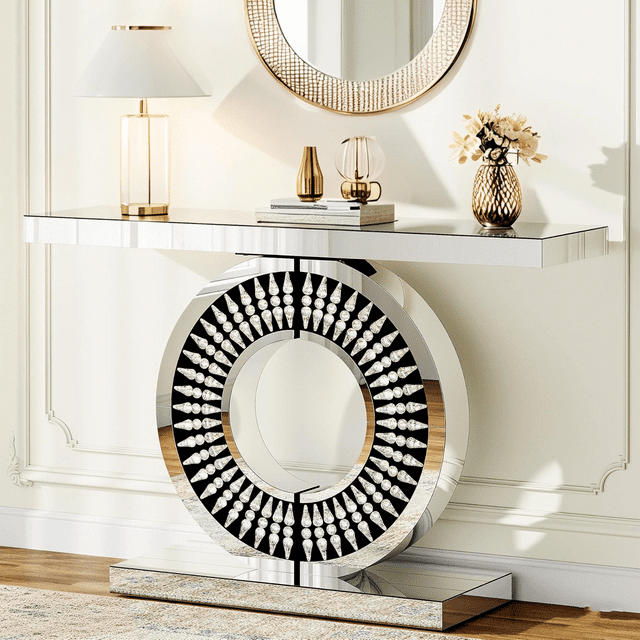 Tribesigns 43-Inch Mirrored Console Table, Entryway Table with Sparkling Crystal Inlays Base, Modern Sofa Table Behind Couch for Foyer