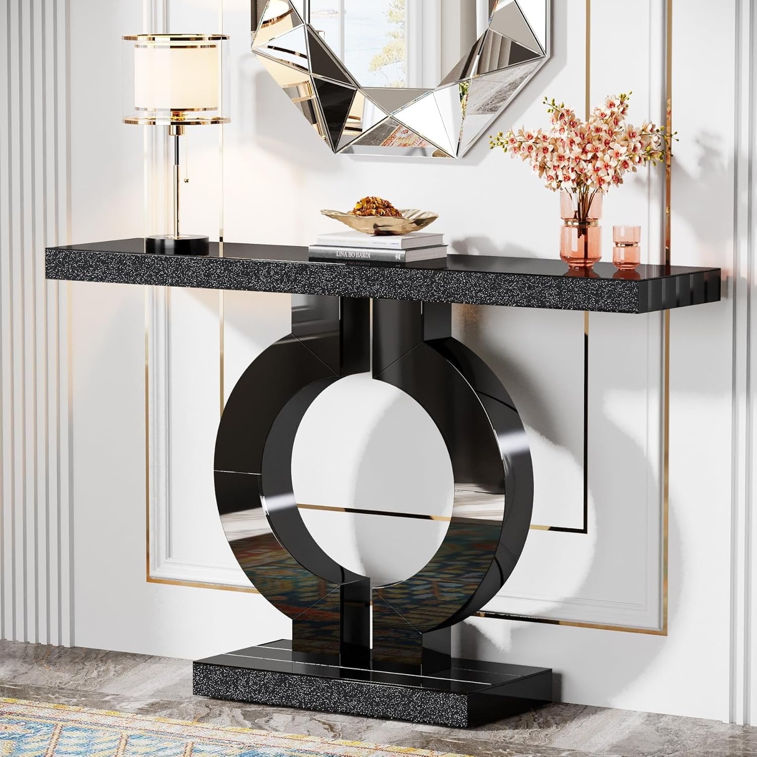 Tribesigns 43-Inch Mirrored Console Table, Modern Black Entryway Table with O-Shaped Base, Glass Sofa Table with Mirror Finish for Living Room Hallway Entrance
