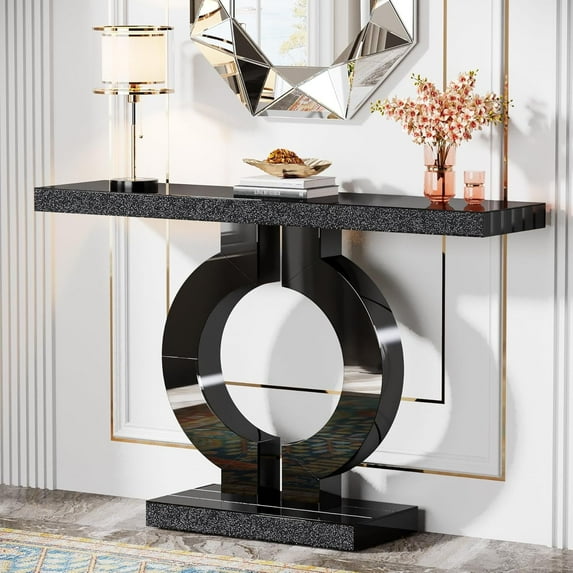 Tribesigns 43-Inch Mirrored Console Table, Modern Black Entryway Table with O-Shaped Base, Glass Sofa Table with Mirror Finish for Living Room Hallway Entrance