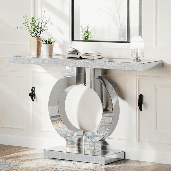 Tribesigns 43-Inch Mirrored Console Table with O-Shaped Base, Modern Entryway Glass Sofa Table, Rectangle Table for Living Room Hallway Entrance (Silver)