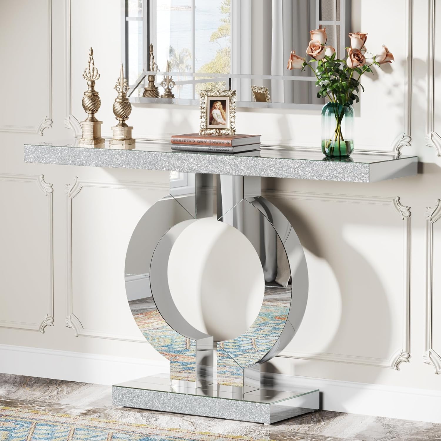 Silver Mirrored Glass Console Table with O-Shaped Base