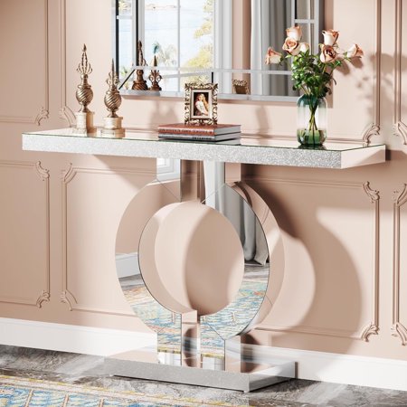 Tribesigns 43-Inch Mirrored Console Table with O-Shaped Base, Modern Silver Glass Entryway Table with Mirror Finish