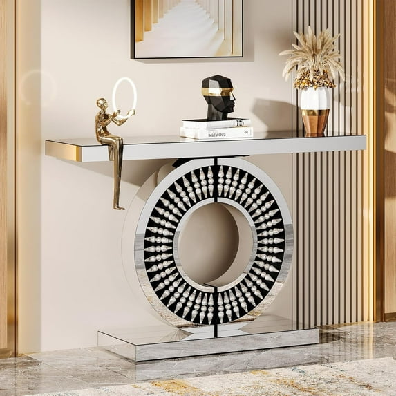 Tribesigns 43-Inch Silver Mirrored Console Table, Glass Sofa Table with Sparkling Crystal Inlay Base