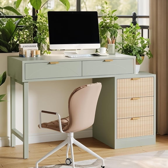Tribesigns 43" Reversible Computer Desk with 5 Drawers, Small Writing Desk with Storag for Home Office, Small Spaces, Light Green