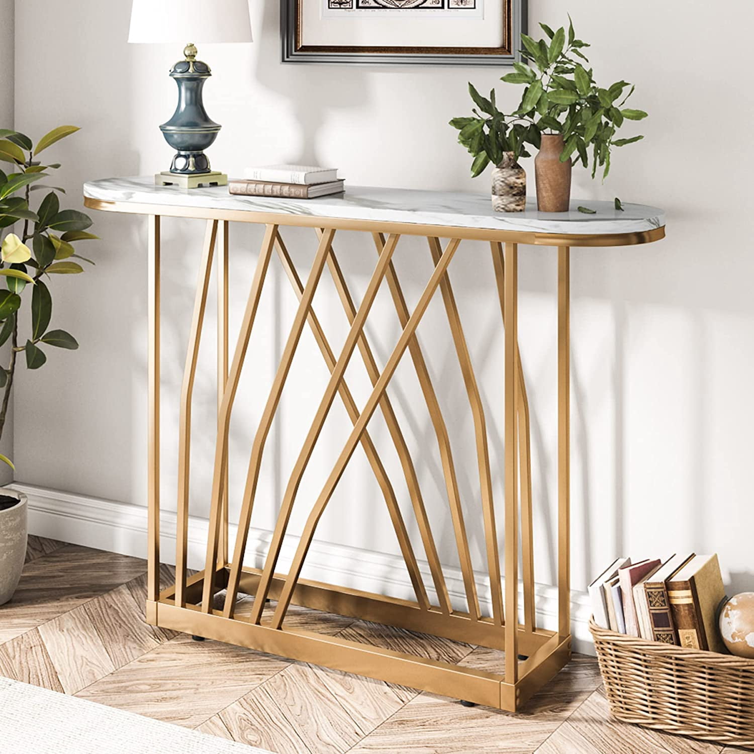 Tribesigns 43" White Gold Console Table, Oval Wooden Hallway Foyer