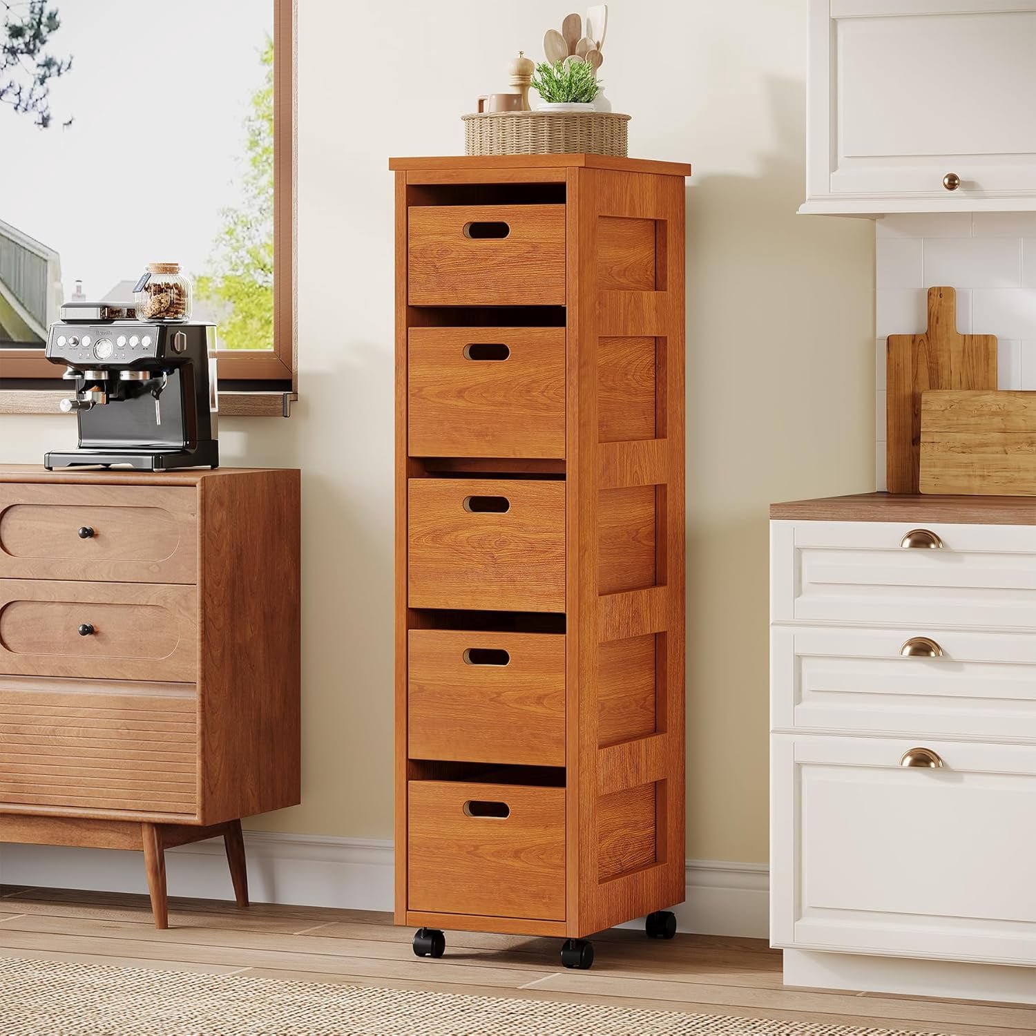 Tribesigns 47.2" Narrow Storage Cabinet with 5 Drawers, Walnut Brown