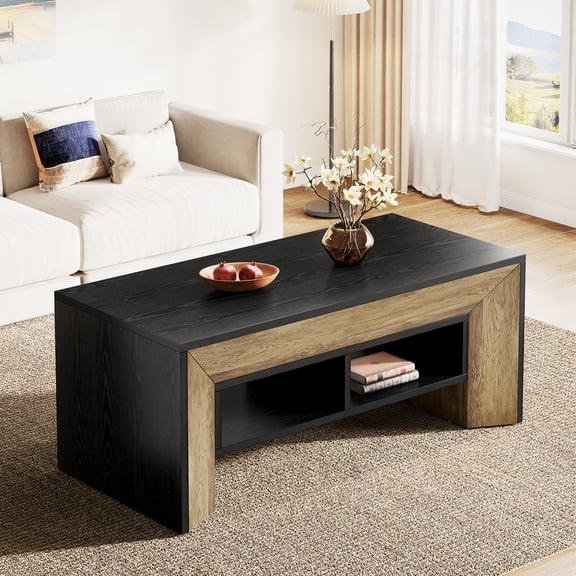 Tribesigns 47.2" Rectangular Coffee Table with 2-Tier Storage, Modern Wood Center Table for Home Living Room, Black Brown