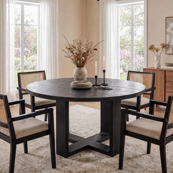 Tribesigns 47.24" Black Dining Table for 46 People, Solid Wood Kitchen Table with 1.18" Thick Tabletop & Stable Cross-Shaped Base for Dining Room, Pure Black
