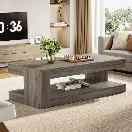 Tribesigns 47.24 Inch Coffee Table, Modern Rectangular 2-Tier Accent Center Tea Table with Storage for Living Room, Home, Gray