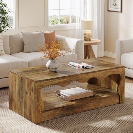 Finmind 47.24-inch Rectangle Coffee Table, Farmhouse Accent Center Table, 2-Tier Wooden Tea Table with Open Storage for Living Room, Rustic Brown