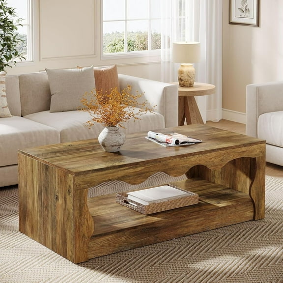 Finmind 47.24-inch Rectangle Coffee Table, Farmhouse Accent Center Table, 2-Tier Wooden Tea Table with Open Storage for Living Room, Rustic Brown