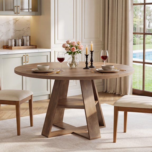 Tribesigns 47.24" Round Dining Table for 4-6, Circle Kitchen Table with X-Cross Base & Storage Shelf for Dining Room, Brown