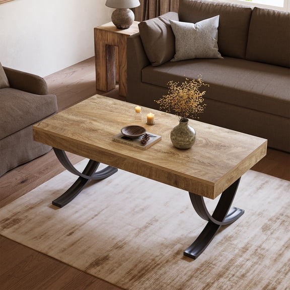 Tribesigns 47 Coffee Table, Rectangle Center Table for Living Room, Industrial Modern Living Room Table, Wood Coffee Table with Curved Cross Legs, Thickened Wood Grain Top, Rustic Brown & Black