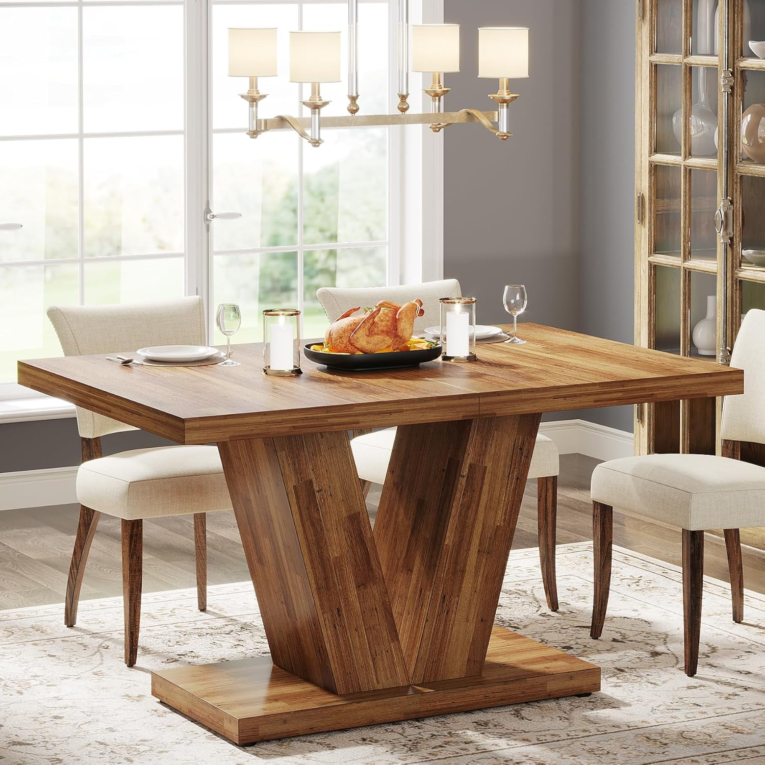 Walnut Brown Reclaimed Wood Farmhouse Dining Table with V-Shaped Pedestal