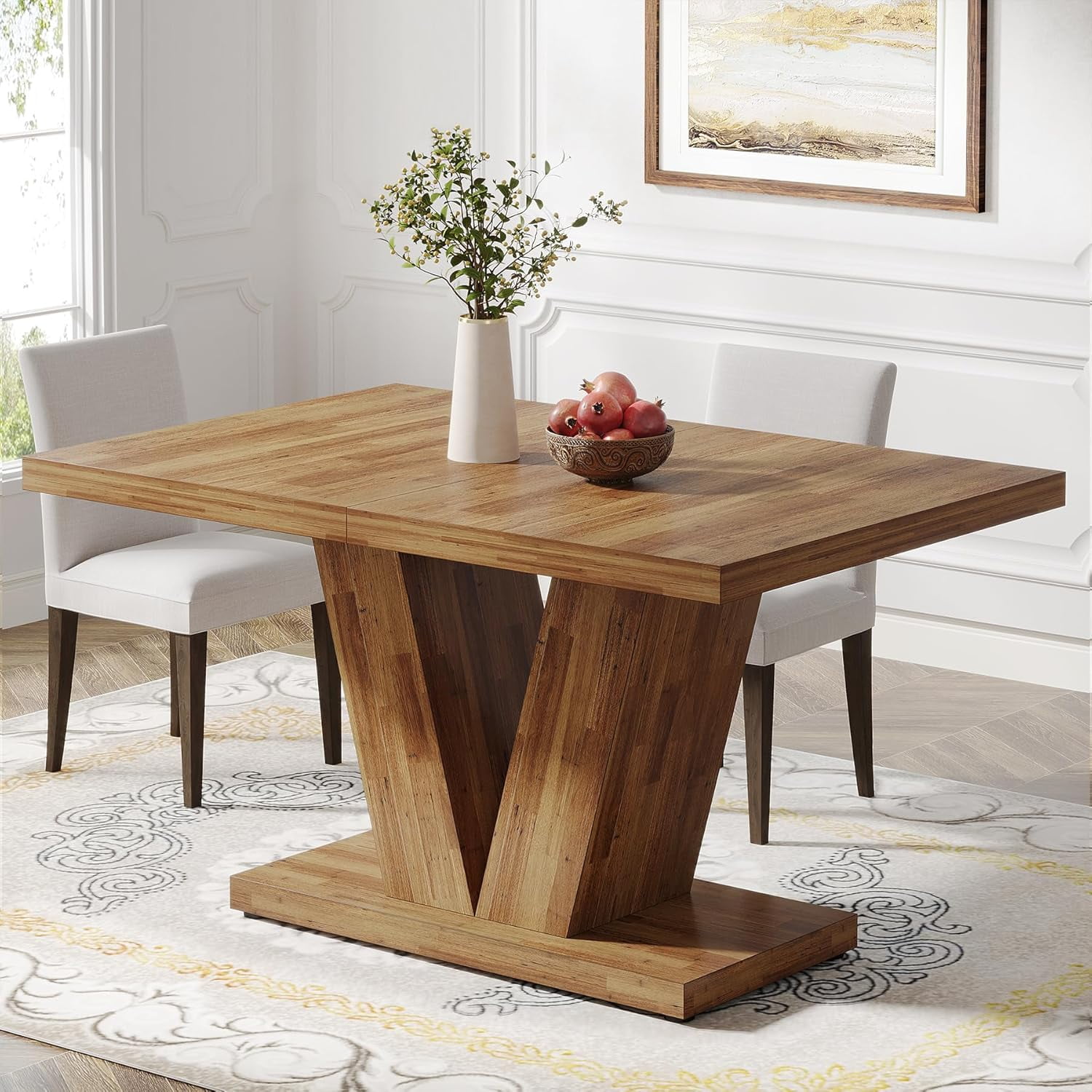 Walnut Brown Reclaimed Wood Farmhouse Dining Table with V-Shaped Pedestal