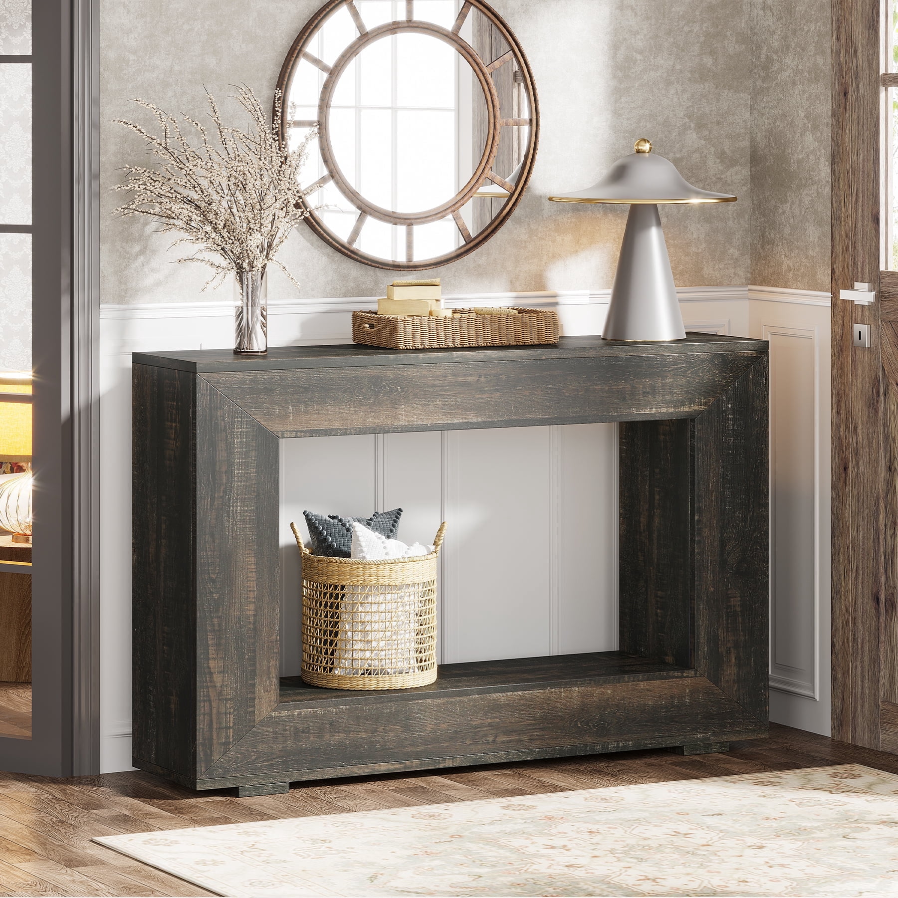 Finmind 47" Farmhouse Console Table, Industrial Entryway Console Table with Storage, Wood Accent Table for Hallway, Living Room, Entrance
