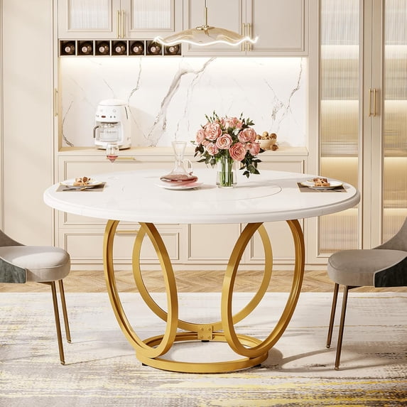 Tribesigns 47-Inch Modern Round Dining Table for 4, White Kitchen Table with Golden Metal Base for Kitchen, Dining Room, Café (White and Gold)f